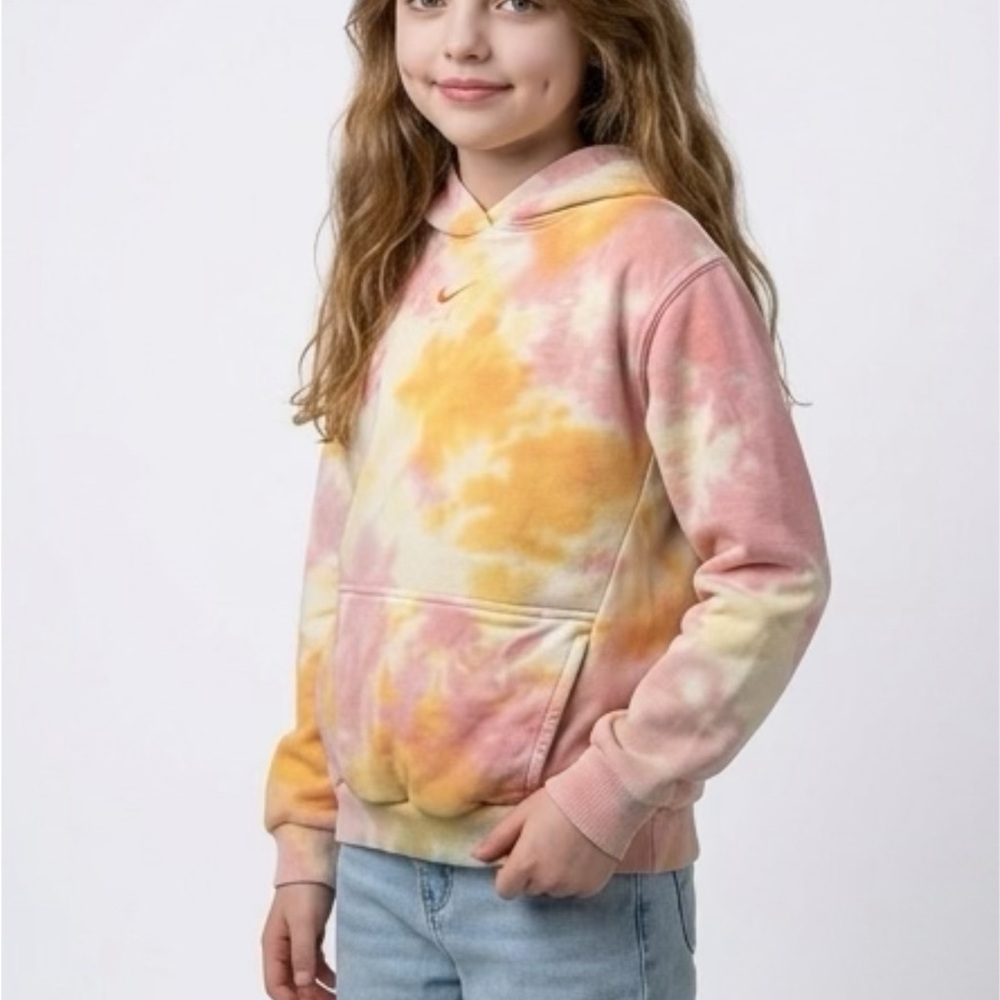 Nike Tie Dye Hoodie Kids M Pastel Pink Yellow Swoosh Pullover Cozy Athleisure